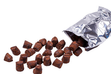 Close up view of truffle candy on white background isolated.