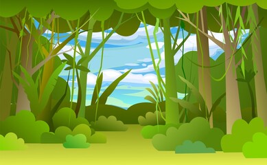 Jungle illustration. Dense wild-growing tropical plants with tall, branched trunks. Rainforest landscape. Flat design. Cartoon style. Vector