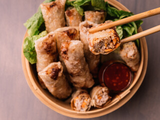 Vietnamese rolls in a bamboo steamer