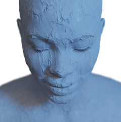 Female bust covered in blue clay with eyes turned down. - 448837608