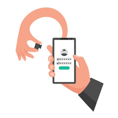 Hacked account. Hand with camera spies password data. Fraudster steals personal data. Account theft. Vector illustration flat design. Isolated on white background. Loss of personal information.