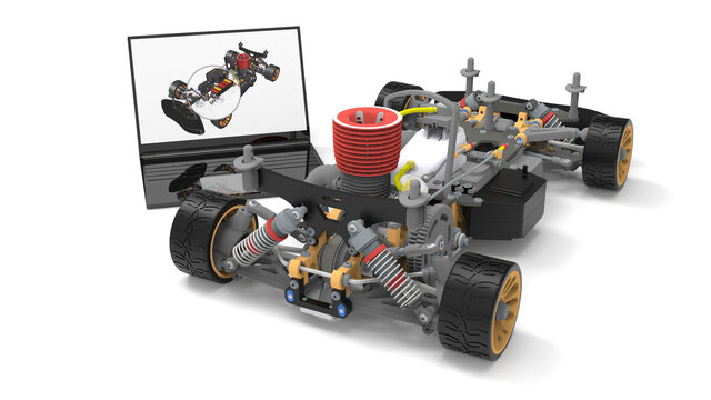 3D rendering - design a small RC gasoline car on a laptop