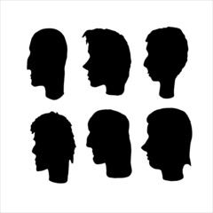 Vector illustration of male head silhouettes. Set of six head silhouettes isolated on white background. Side view.