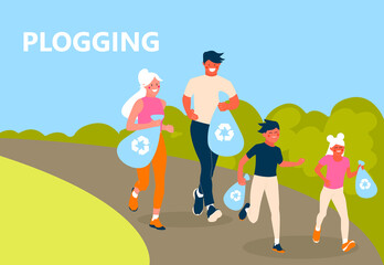 Plogging concept. A family of eco-volunteers clean the polluted environment from garbage. Men and women with kids jogging and collecting garbage. Volunteers at eco activity. Flat vector illustration.