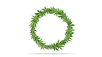 Round frame of green cannabis leaves. Template of frame decorated with cannabis leaves isolated on a white background