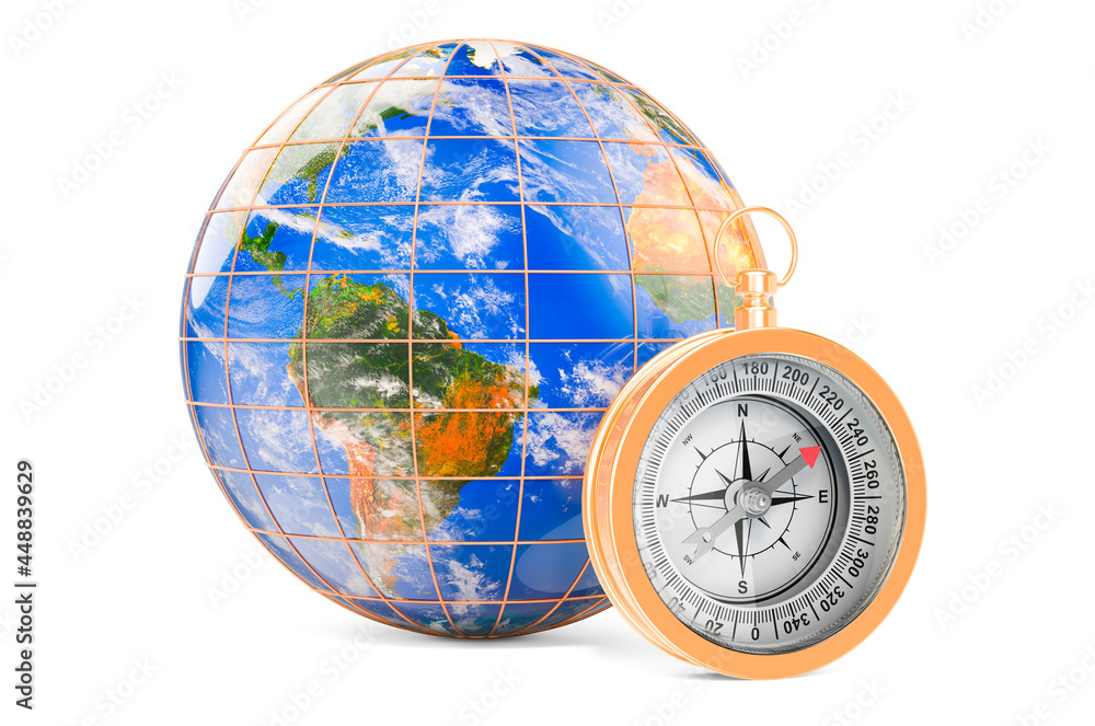 Poster compass with earth globe. 3d rendering