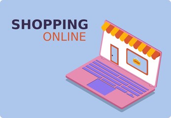 Online shopping design concept with laptop. Mockup laptop and shop. Popular flat colors. Isomeric 3D vector illustration.