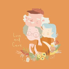 Cute Cartoon Illustration with Grandparents and Their Granddaughter
