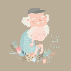 Cute Cartoon Illustration with Grandparents in Love