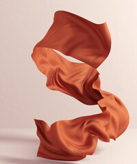 Flying fabric design element in empty room, floating piece of cloth cinnamon color. 3d rendering sienna smooth spiral flowing scarf fashion banner - obrazy, fototapety, plakaty