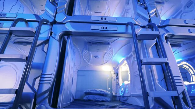 Empty boxes of a pod hotel illuminated inside