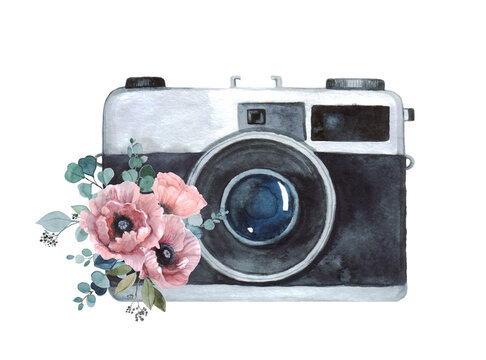 Watercolor illustration with a camera and beautiful pink flowers and eucalyptus. Watercolor drawing Camera logo Watercolor photo camera Travel object Retro painting. Eucalyptus design Card art