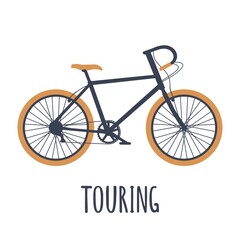Bicycle touring. Simple cartoon style icon. Vector black and orange illustration