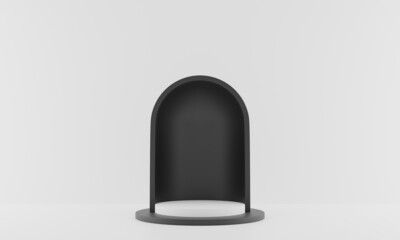 Podium for advertising with arch. Black and white colors. Blank product stage. Pedestal or platform, background for product presentation. 3d rendering