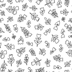 Fototapeta premium Flowers with leaves random placed outline seamless repeat pattern. Vector, doodled botany elements all over surface print on white background.