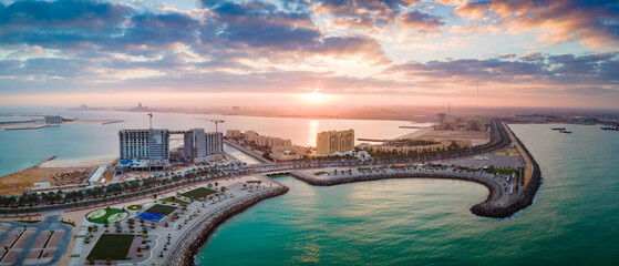Construction and development at Marjan Island in Ras al Khaimah emirate in the UAE aerial panoramic view