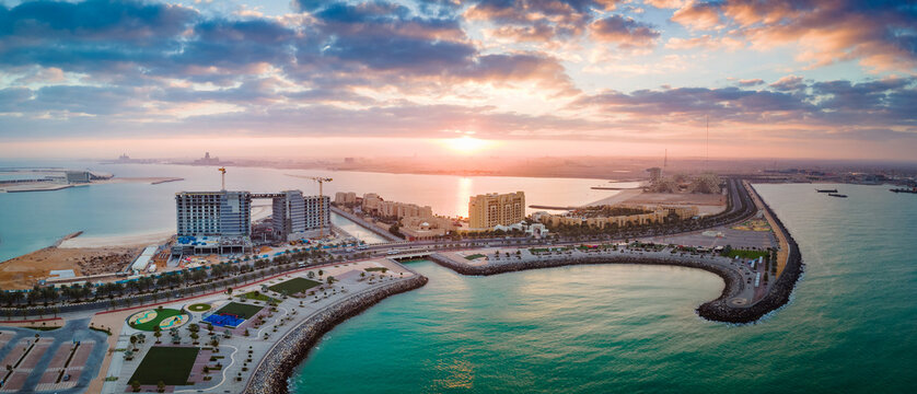 Construction and development at Marjan Island in Ras al Khaimah emirate in the UAE aerial panoramic view
