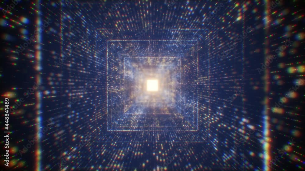 Poster infinite neon light square tunnel of glowing dots particle. cyber technology background.