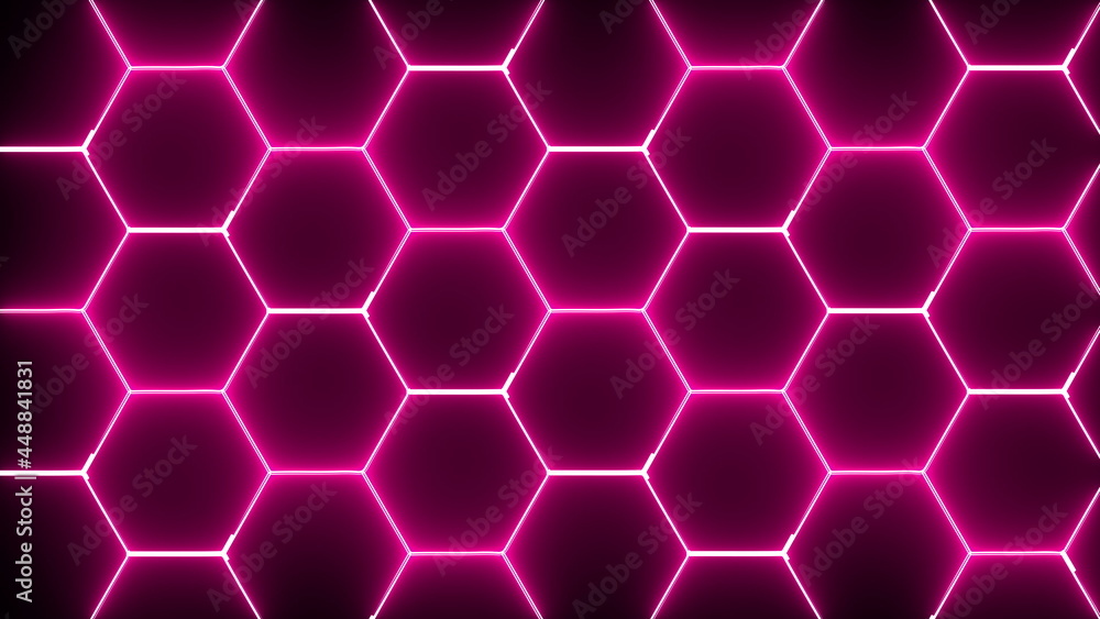 Aufkleber computer generated hexagonal abstract design with neon light. 3d rendering of honeycomb backdrop.