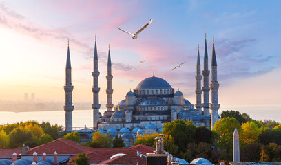 Fototapeta na wymiar The Blue Mosque or Sultan Ahmet Mosque at sunrise, Istanbul, Turkey