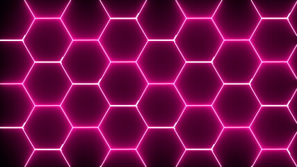 Computer generated hexagonal abstract design with neon light. 3d rendering of honeycomb backdrop.