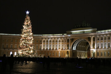 Festive festivities at the New Year tree on Palace Square in St. Petersburg