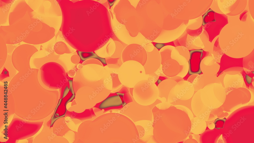 Poster round textures with 3d render gradient in chaotic motion. geometric droplets floating in oil with ov