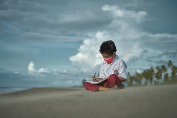 Fototapeta na wymiar Schoolboy in medical mask reading a book on the beach 