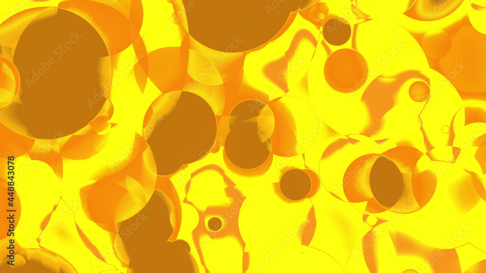 Poster round textures with 3d render gradient in chaotic motion. geometric droplets floating in oil with ov