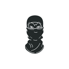 Ninja Mask Icon Silhouette Illustration. Katana Warrior Vector Graphic Pictogram Symbol Clip Art. Doodle Sketch Black Sign.