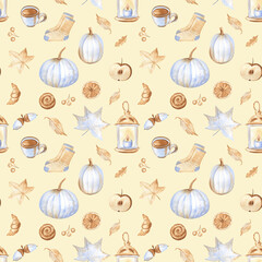 Cozy autumn seamless pattern with pumpkins, warm socks, oak and maple leaves, and sweets. Light pastel colors, hand drawn watercolor elements. 