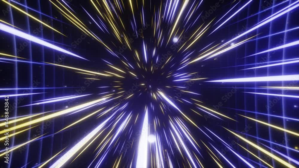 Poster hyperspace jump in outer space with a grid. the speed of light. light from the stars passing by. 3d 