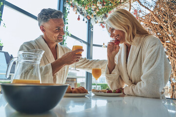 Beautiful mature couple in bathrobes enjoying breakfast together while spending time in the domestic kitchen