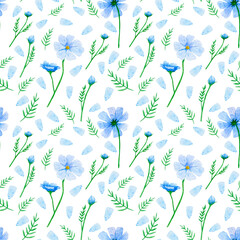 Watercolor hand-drawn pattern with Blue Flowers, petals and green leaves on a white background. 