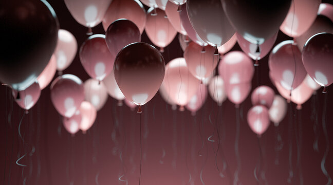Batch Of Balloons Under Ceiling on Burgundy Background. Empty Space. Copy Space. 3d rendering