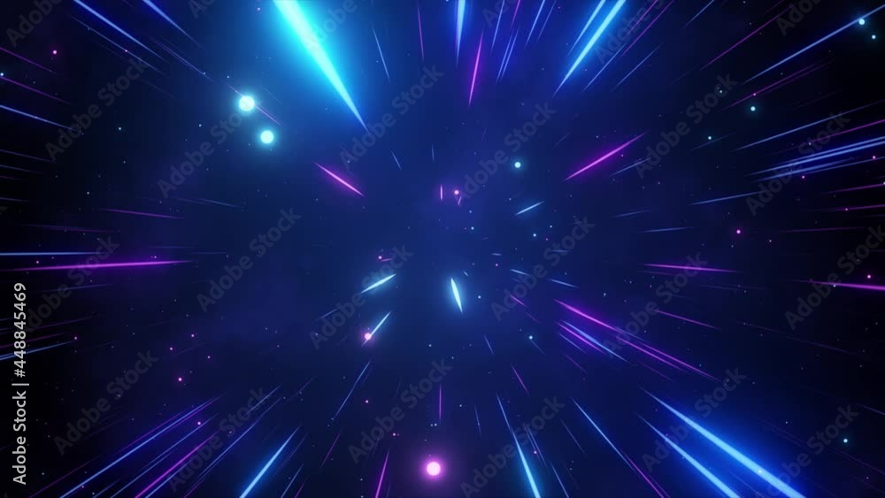 Poster hyperspace jump in outer space. the speed of light. light from the stars passing by. 3d animation of
