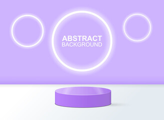 Vector 3D Background. Stage for awards on product in purple stand. Small glossy podium and glowing rings. Modern three dimensional vector illustration for website. Template for awarding and presenting