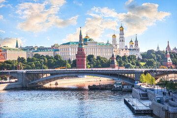 Towers and temples of the Kremlin in Moscow and the Moskva river