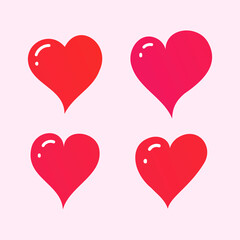 Red heart set isolated on pink background. Love symbol. Greeting card element for Woman, Mother, Valentines Day. Vector.