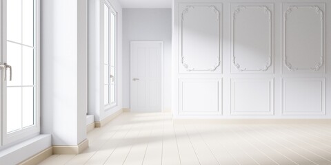 Empty room interior classic design in white tone and floor wood color creme.3d rendering