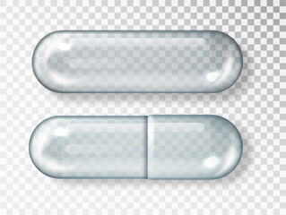 Glass Empty Safety Capsule Showcase. Empty Medicine Capsule Pill isolated on transparent background