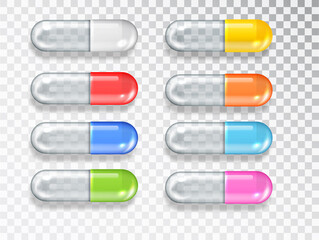 Capsule pill set isolated on transparent background. Vector realistic different color medical pill icon set. Medical and Healthcare Concept. Top View.
