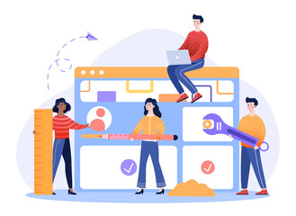 Design and Development concept. Characters create website page template. Software and user interface. Adding images and text. Cartoon modern flat vector illustration isolated on a white background