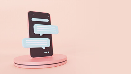 A smartphone with a speech bubble, a smartphone with chats in podium. Sms on the mobile phone...