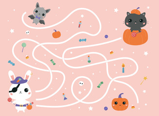 Halloween maze game for preschool kids. Cute kawaii animals in costumes. Educational labyrinth. Autumn activity worksheet. Funny bunny pirate, cat in pumpkin and bat vampire. Vector illustration.