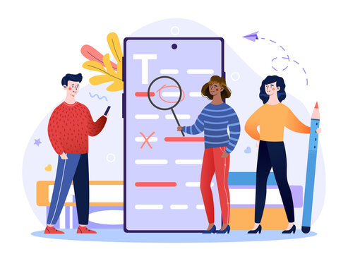 English Grammar Examination concept. Small characters correct errors in text document on the phone. The teacher checks the electronic examination papers of students. Cartoon flat vector illustration