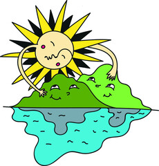 The sun hugs the mountains near the sea greens trees nature summer cute children's cartoon drawing bright vector emotions