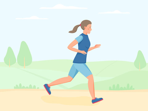 Woman running outdoor in summer, jogging in park. Doing exercise and cardio workout outside. Flat vector 