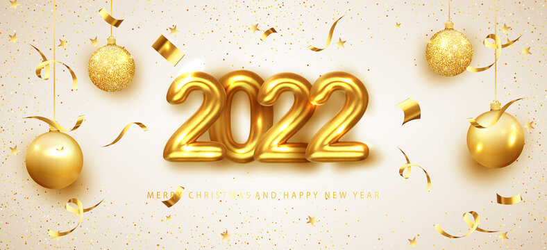 New year banner with decoration. 2022 gold numbers with golden balloons and shimmering confetti. For Christmas and winter holiday party flyers. Vector illustration