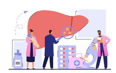 Medical Diagnosis concept. Hepatitis A, B, C, D World Day. Doctors Taking Care of Patient Diseased Liver. Treatment of cirrhosis. Cartoon flat vector illustration isolated on white background